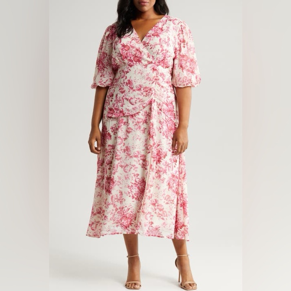 Chelsea28 Forget Me Not Floral Print Puff Sleeve Midi Dress in Beige and Pink